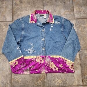 Vintage 90s Chico's Designs Women's Size 2 Large Floral Embroidered Denim Jacket